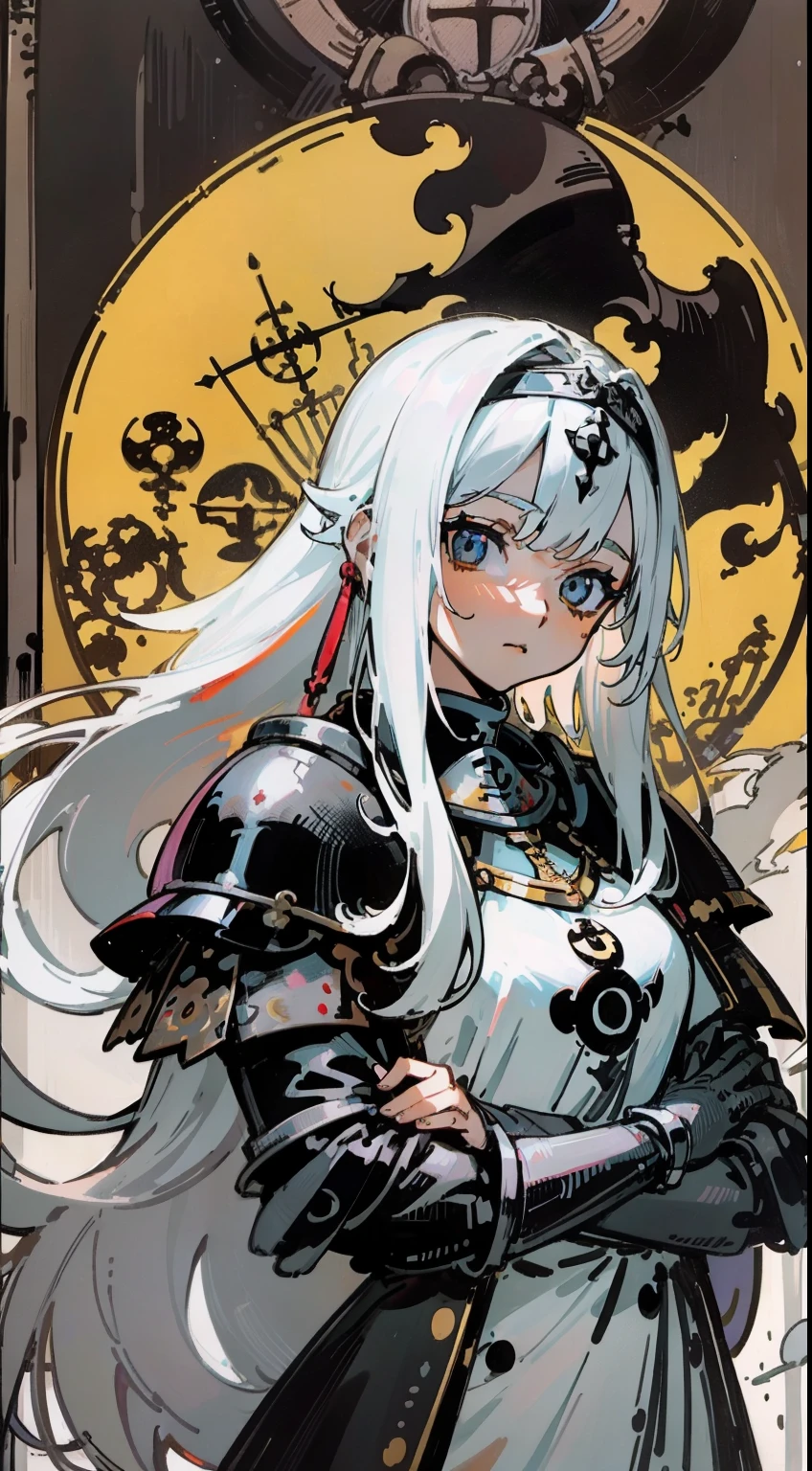 (Masterpiece, Best quality;1.3),(tarot cards:1.2), 1female,female-focus,long  white hair, Young, Beautiful face, crusader, Black armor,Solo, view the viewer, calligraphy characters, symetrical composition, long shadow, cloody moon,blood splattere, Ultra detailed，