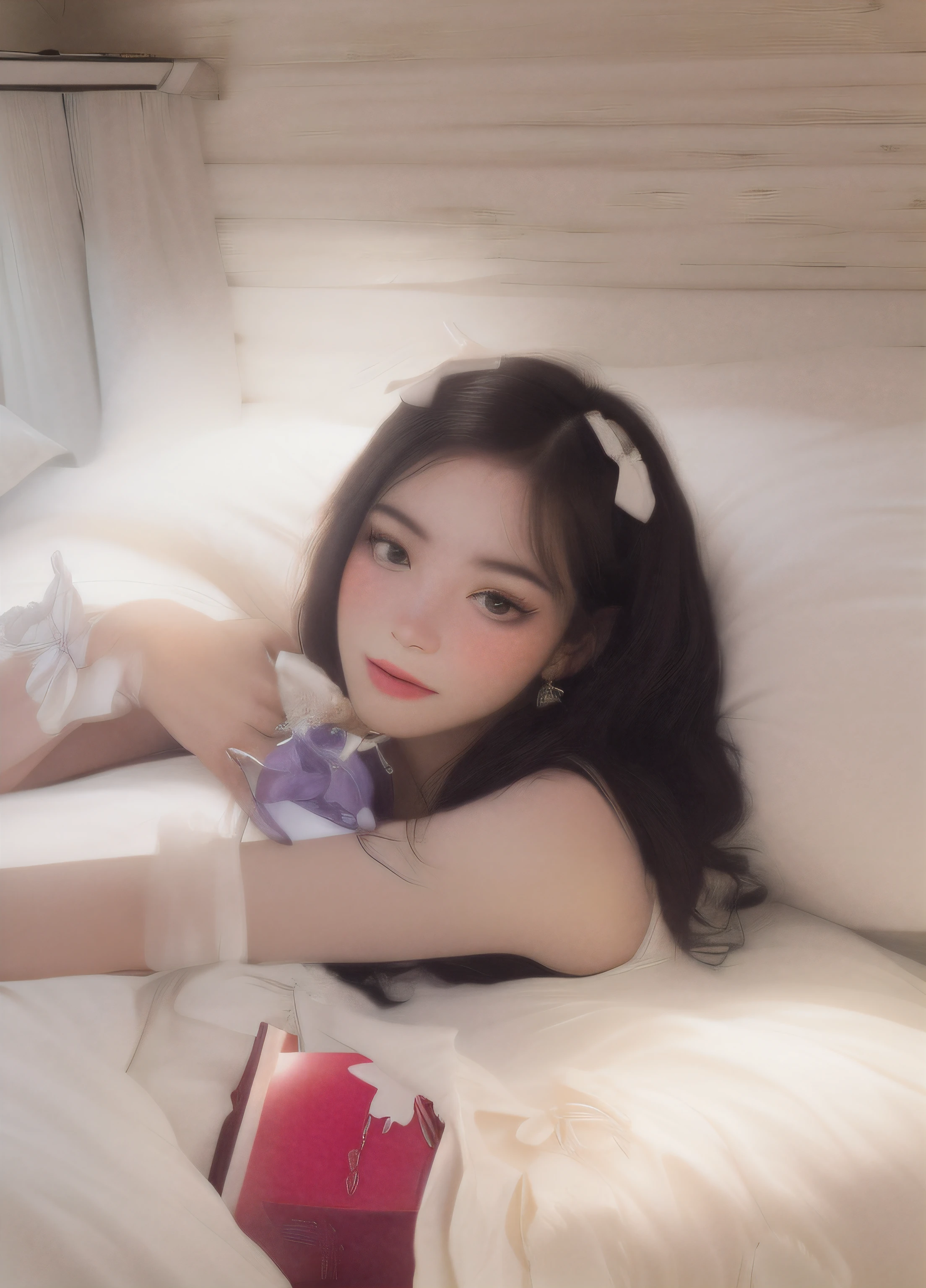 A girl in a white dress lies on the side of the bed