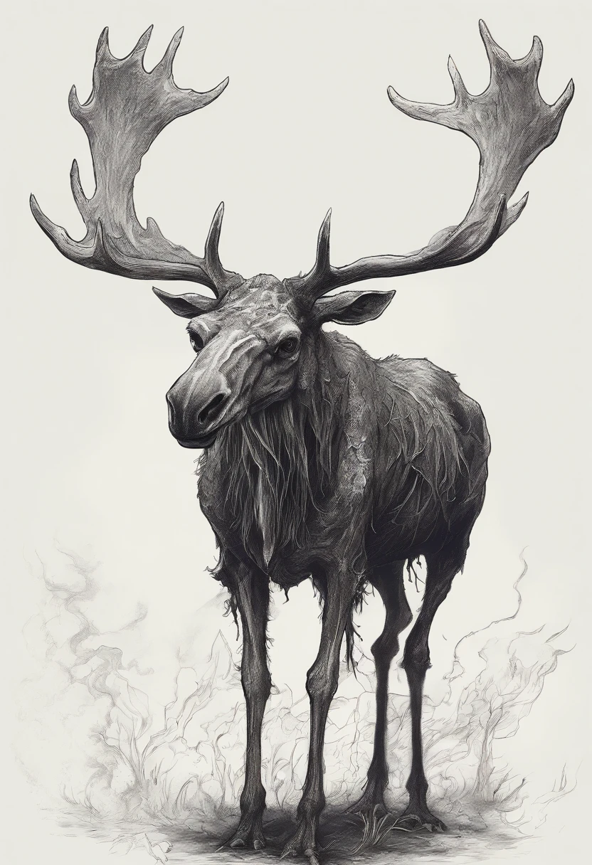 Skeleton Moose fused with a spider, dark souls art style, concept art, 4k