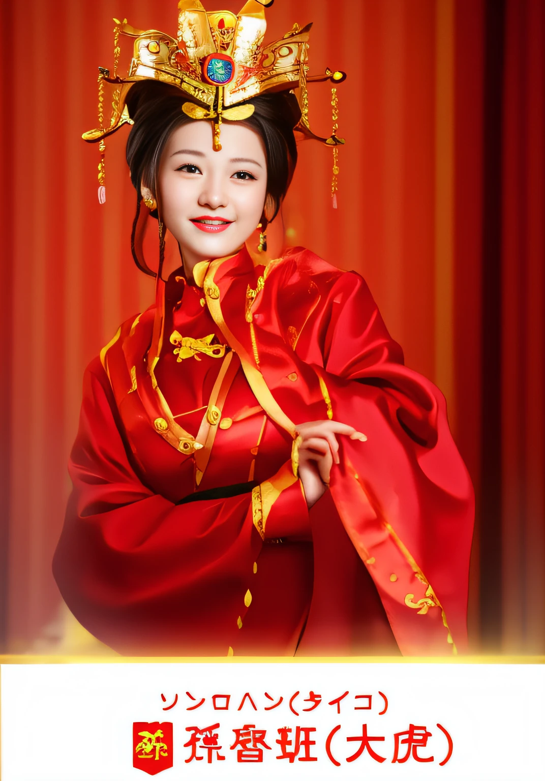 Smiling woman in cheongsam with crown on head