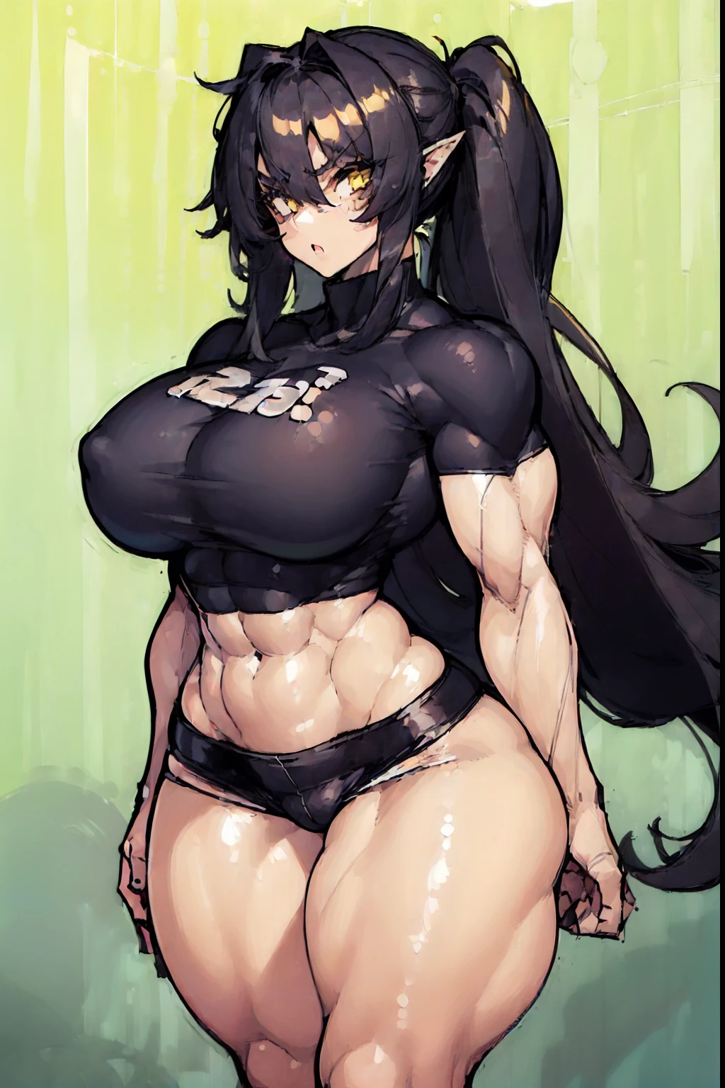 ((((((1 girl)))))), solo, black, hair, extremely long hair, yellow eyes, angry, ((((large breasts)))), ((((thick thighs)))), (curvy), (wide hips), (((((muscular))))), toned body, (tight shirt), (tight pants), navel, abs, (concrete)