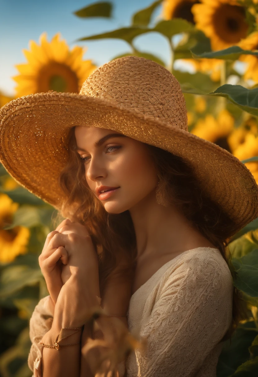 (extremamente detalhado CG unidade 16K papel de parede:1.1), (Denoising strength: 1.45), (Master Piece:1.37), ((Girl in straw hat looking back on a field of sunflowers)), (luz de fundo), (best ilumination, Melhor sombra, um extremamente delicado e bonito), no eixo central da imagem, seios pequenos, ((Sunflowers with the utmost in detail)), beautiful detailed sky, Corpo Perfeito, (Rosto bonito e detalhado), meninaemamente delicadas e bonitas, Sunflower fields at sunset, Sunset, cabelos pretos, bela nuvem detalhada, (((extremamente detalhado CG unidade 8k papel de parede, Ultra-, raios de deus, brilho, luz brilhante, master part, best quality