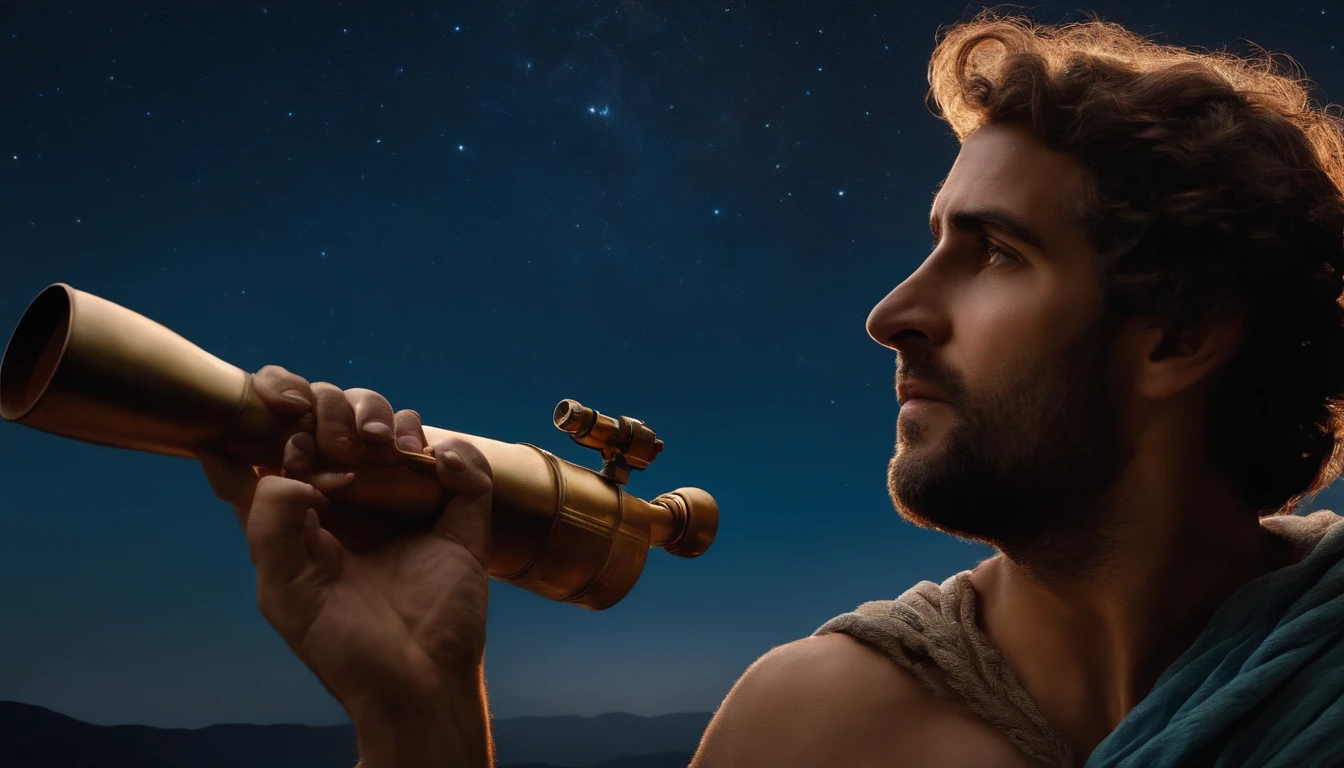 an ancient Greek man on his back looking up at the starry sky with his telescope