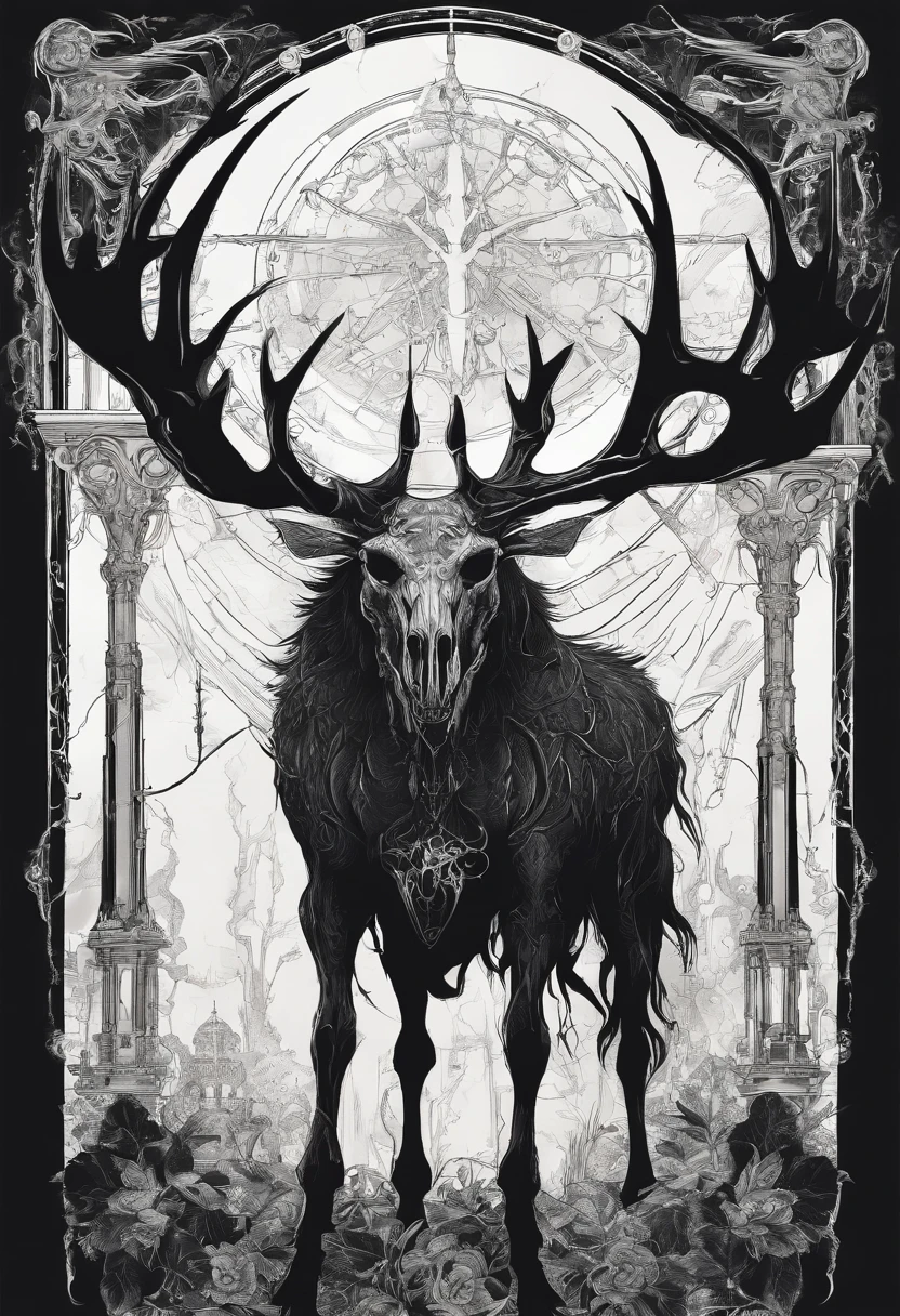 Skeleton Moose fused with a spider, dark souls art style, concept art, boss monster, cool