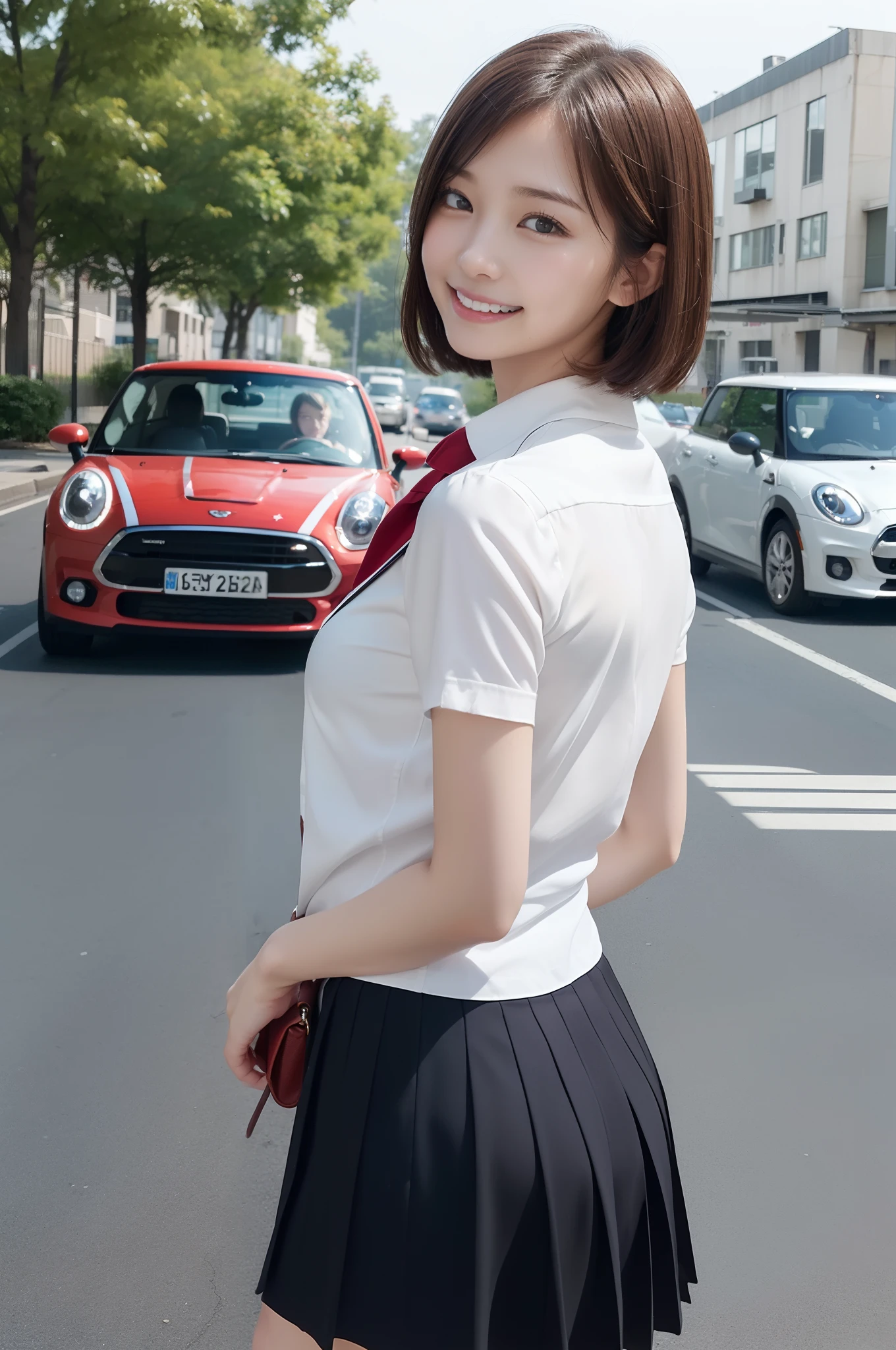(masutepiece、top-quality、8K、超A high resolution:1.4)、Commuting to school、semi short hair、large full breasts、cute smile face、White School Uniform、Red mini skirt、Have a black student back