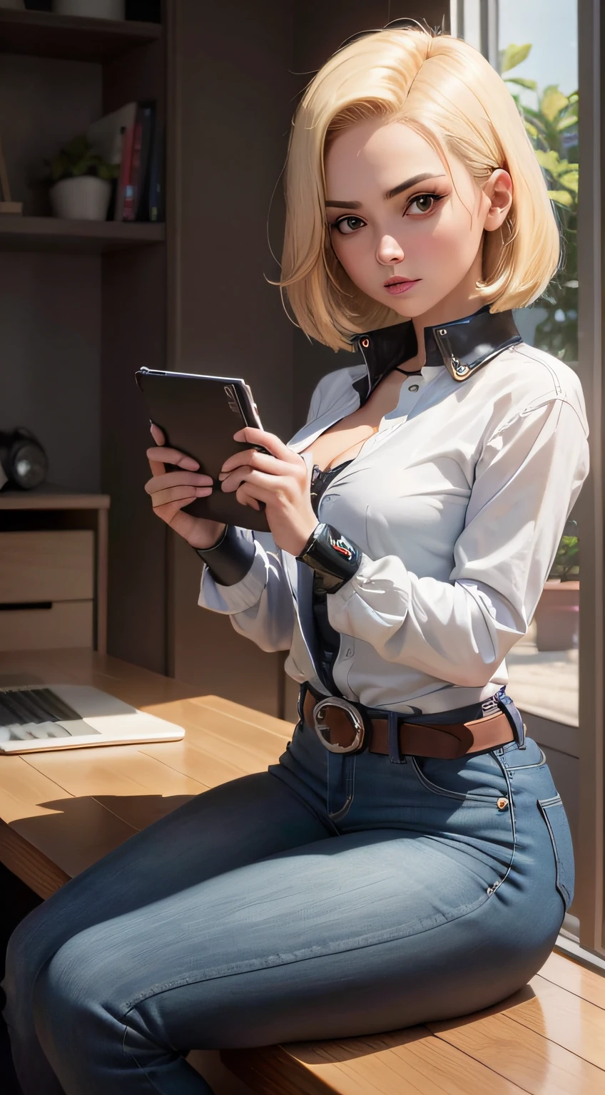 Enjinight, 1girl, Android 18, sozinho, no escritorio com notebook, escrevendo um texto no notebook, blonde hair, knee tights, saia jeans, saia, Denim, olhos azuis, belt, Tampo tanque preto, Realistic, Brincos, jewelries, Jaqueta jeans, clenched hands, short hair, listrado, mangas listradas, Black pantyhose, camisa, seios, camisa listrada, suit jacket, Oeste (8k, Foto RAW, melhor qualidade, master part:1.2),ultra-detalhado, (pele altamente detalhada:1.2), 8k UHD, DSLR, soft lighting, alta qualidade,
