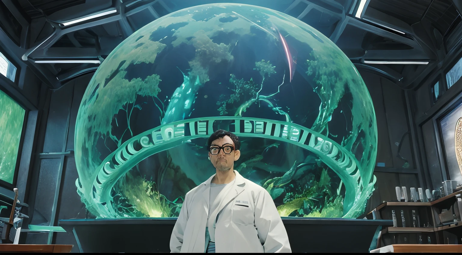 Capture a scene of a man wearing glasses and dressed as a scientist, next to his time machine in a laboratory dedicated to science and mechatronics. Nesta encantadora imagem ao estilo Studio Ghibli, The laboratory must emanate an atmosphere of wonder and magic, with soft colors and vibrant features of Ghibli's aesthetic.The central focus of the image should be the man with the glasses, whose expression is one of astonishment and surprise. He looks on in awe as a radiant green humanoid alien emerges from the time machine, cercado por uma aura cativante que ilumina a cena.O fundo deve ser intencionalmente desfocado para enfatizar o homem, The Time Machine, e o humanoide sobrenatural. Elements of the laboratory, such as scientific equipment, Ferramentas, and intricate machinery, should be portrayed in Studio Ghibli's unique artistic and playful style.Render the image with extreme attention to detail, combining realism with the unmistakable artistic touch of Ghibli. O resultado deve ser um momento visualmente cativante que transmita a magia da descoberta e do encontro com o desconhecido.This scene masterfully blends the world of science fiction with the imaginative and fantastical style of Studio Ghibli, criando uma narrativa visual cativante..