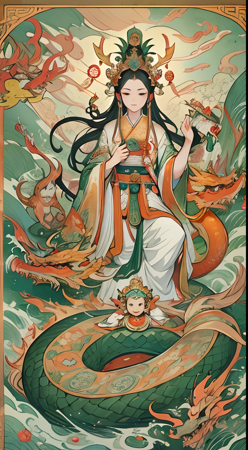 an ancient Chinese goddess, guanyin of the southern seas, Guanyin, Inspired by India, Avalokiteshvara rides a dragon，,Serene expression,shui mo hua,Buddha,Buddhist,Lotus,Chinese painting style,Thangka style