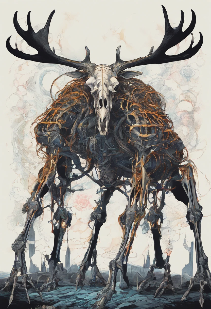 Skeleton Moose fused with a spider, dark souls art style, concept art, boss monster, cool, spider body, moose head, skeleton moose, full body
