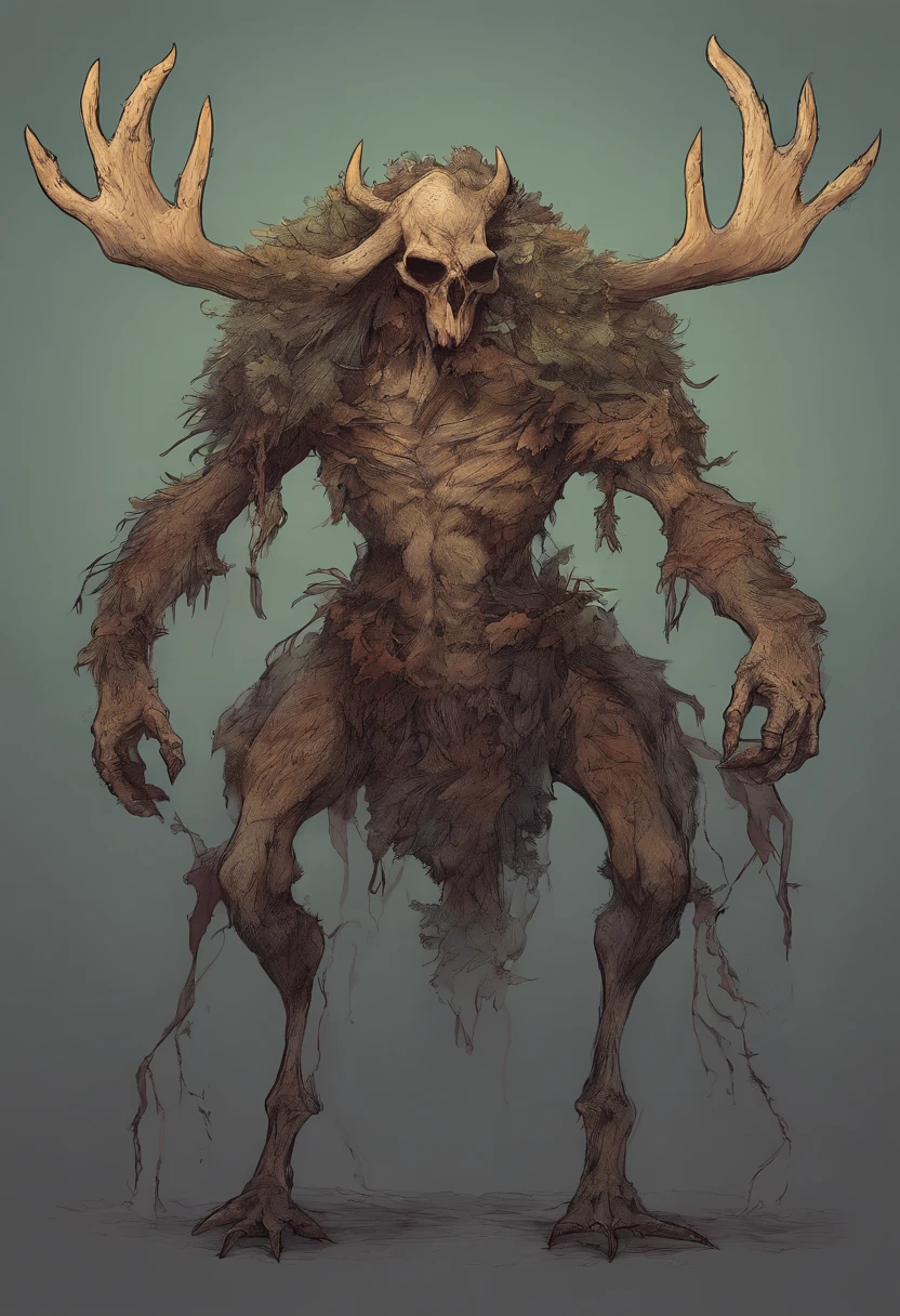 Skeleton Moose fused with a spider, dark souls art style, concept art, boss monster, cool, spider moose, moose head, skeleton moose, full body