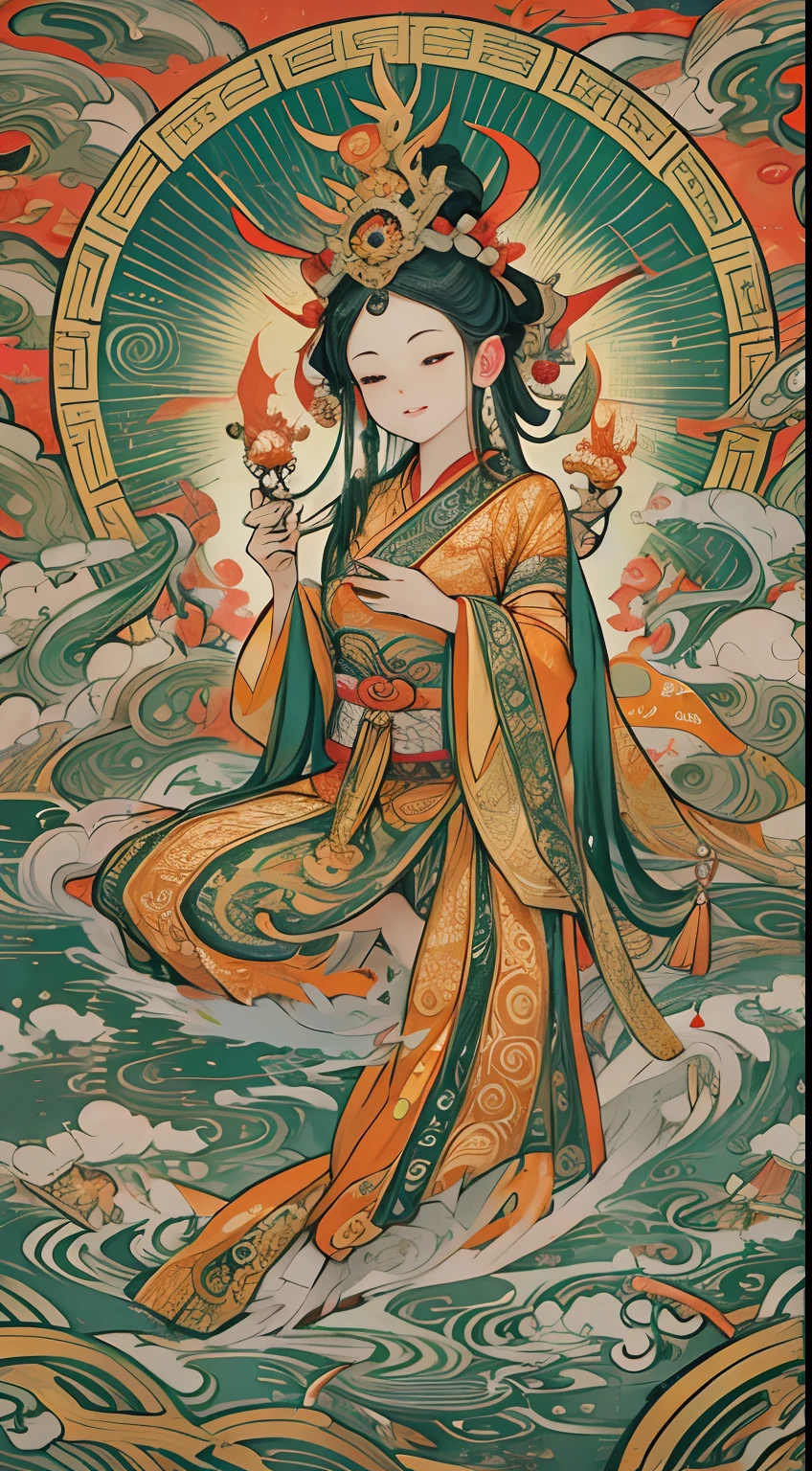 an ancient Chinese goddess, guanyin of the southern seas, Guanyin, Inspired by India, Avalokiteshvara rides a dragon，,Serene expression,shui mo hua,Buddha,Buddhist,Lotus,Chinese painting style,Thangka style
