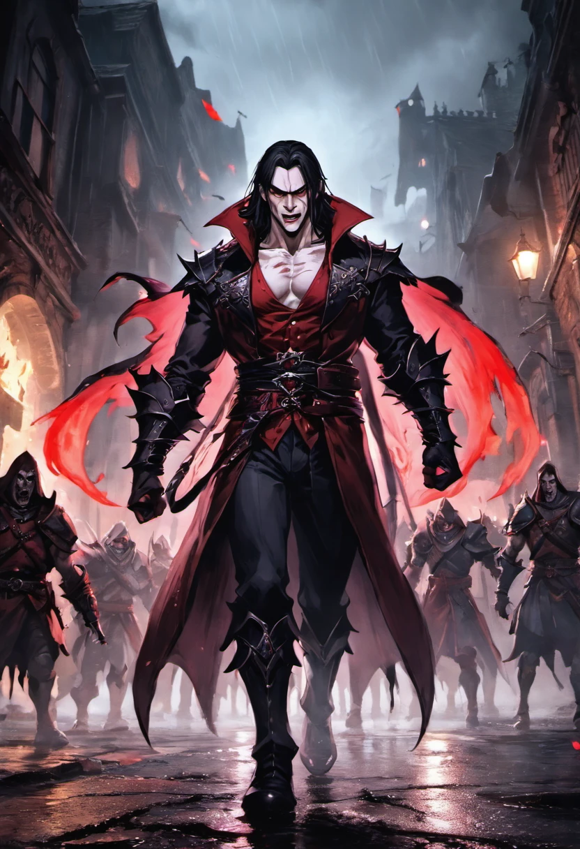 Photographie en gros plan Castlevania Lord of the shadows lord dracula leading troops army of demons to battle War hyper realistic super detailed Dynamic shot master piece , in a street soaked by rain at night, photoreallistic, lighting cinematic