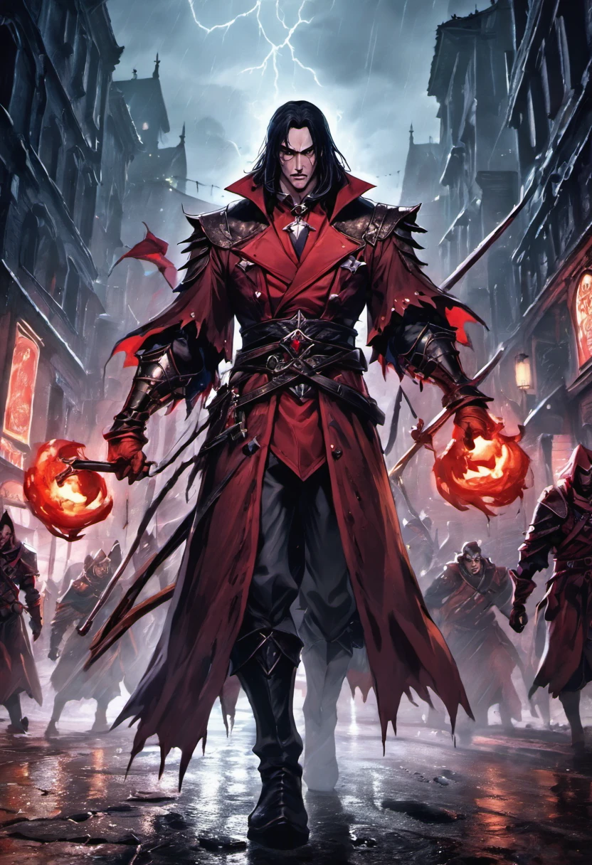 Photographie en gros plan Castlevania Lord of the shadows lord dracula leading troops army of demons to battle War hyper realistic super detailed Dynamic shot master piece , in a street soaked by rain at night, photoreallistic, lighting cinematic
