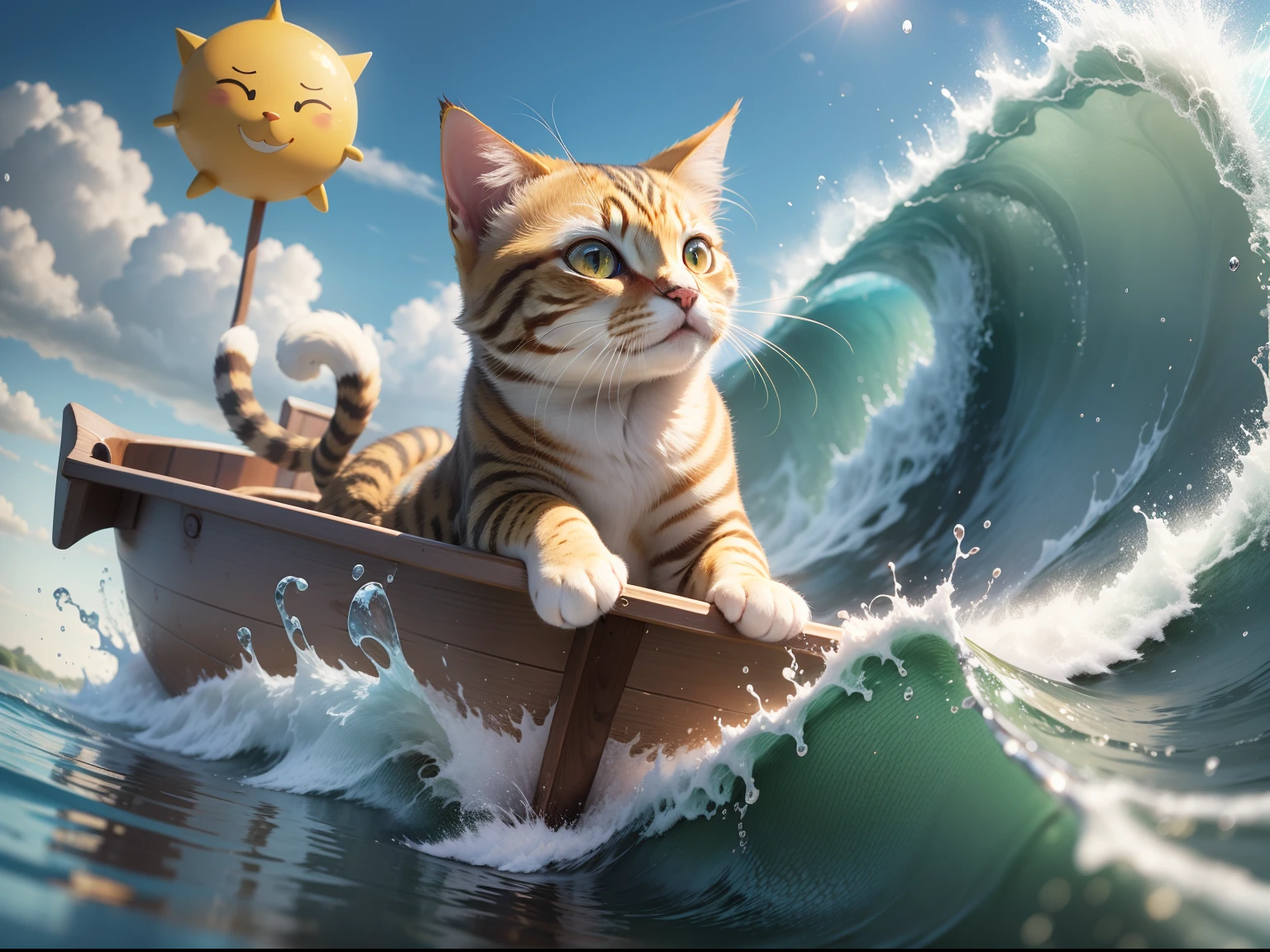 Yellow cute cat, , In the sea;rowing, riding the wave, Blue sky. and the sun was shining brightly, the detail, 4K, k hd, high high quality.