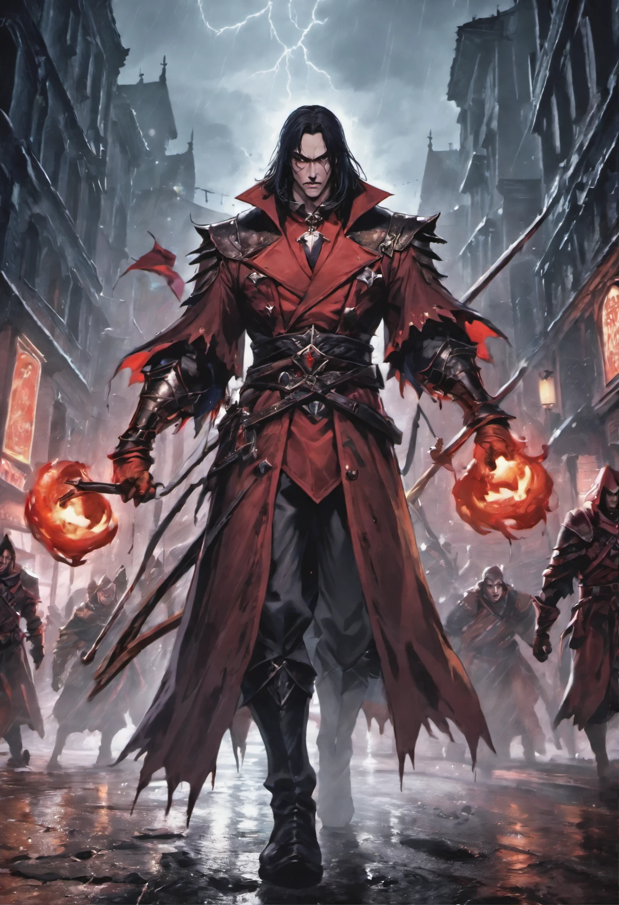 Photographie en gros plan Castlevania Lord of the shadows lord dracula leading troops army of demons to battle War hyper realistic super detailed Dynamic shot master piece , in a street soaked by rain at night, photoreallistic, lighting cinematic