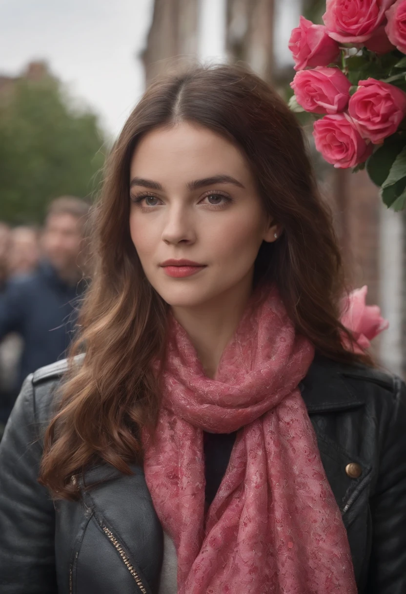 Uma mulher loira, buque de rosas na mao, na cidade de londres chovendo durante o dia