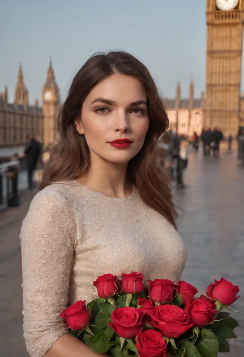 Uma mulher loira, buque de rosas na mao, na cidade de londres chovendo durante o dia