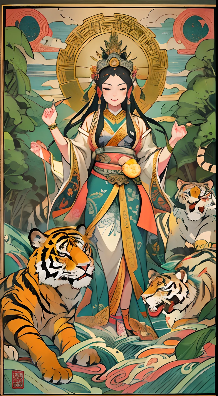 an ancient Chinese goddess, guanyin of the southern seas, Guanyin, Inspired by India, Avalokiteshvara rides a tiger,,Serene expression,shui mo hua,Buddha,Buddhist,Lotus,Chinese painting style,Thangka style
