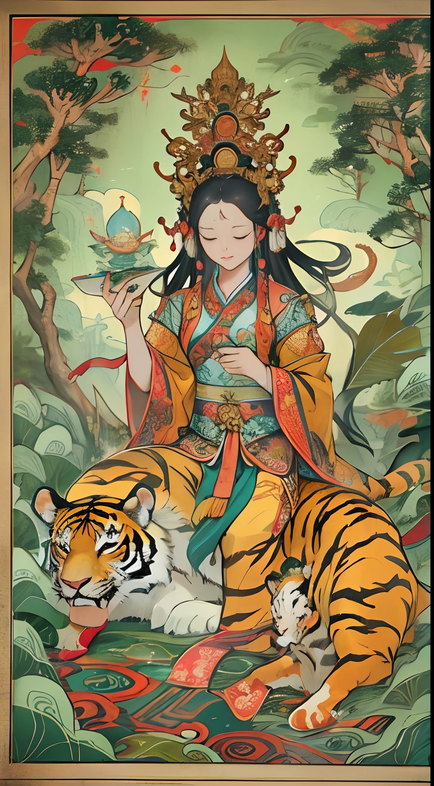 an ancient Chinese goddess, guanyin of the southern seas, Guanyin, Inspired by India, Avalokiteshvara rides a tiger,,Serene expression,shui mo hua,Buddha,Buddhist,Lotus,Chinese painting style,Thangka style