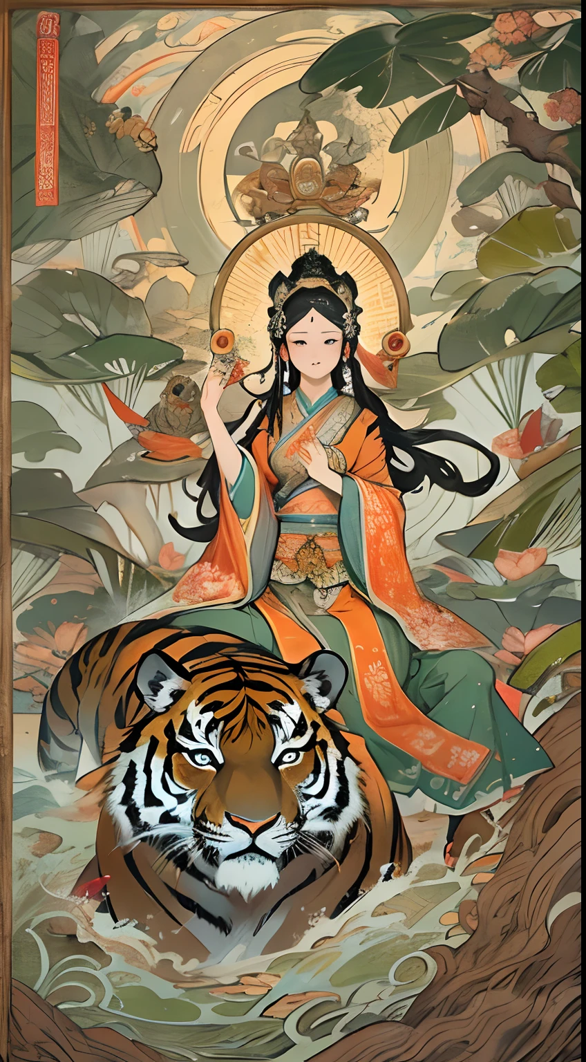an ancient Chinese goddess, guanyin of the southern seas, Guanyin, Inspired by India, Avalokiteshvara rides a tiger,,Serene expression,shui mo hua,Buddha,Buddhist,Lotus,Chinese painting style,Thangka style