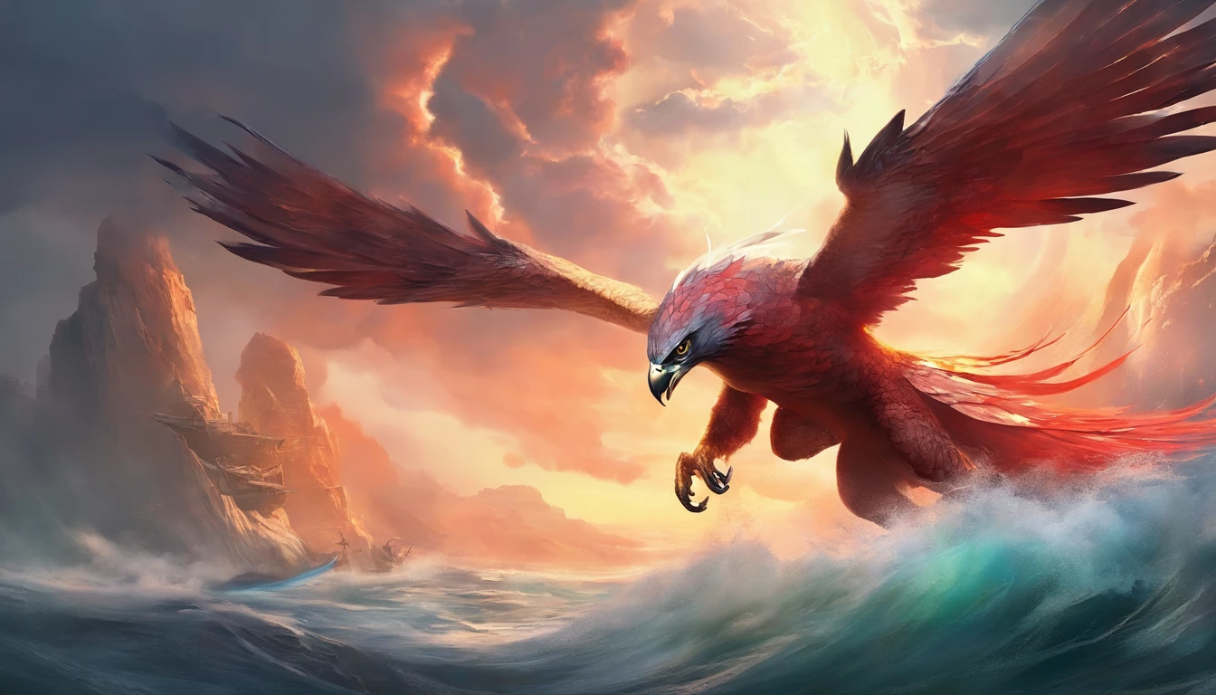 Falcon flying over the stormy sea, while fighting a battle with a red dragon