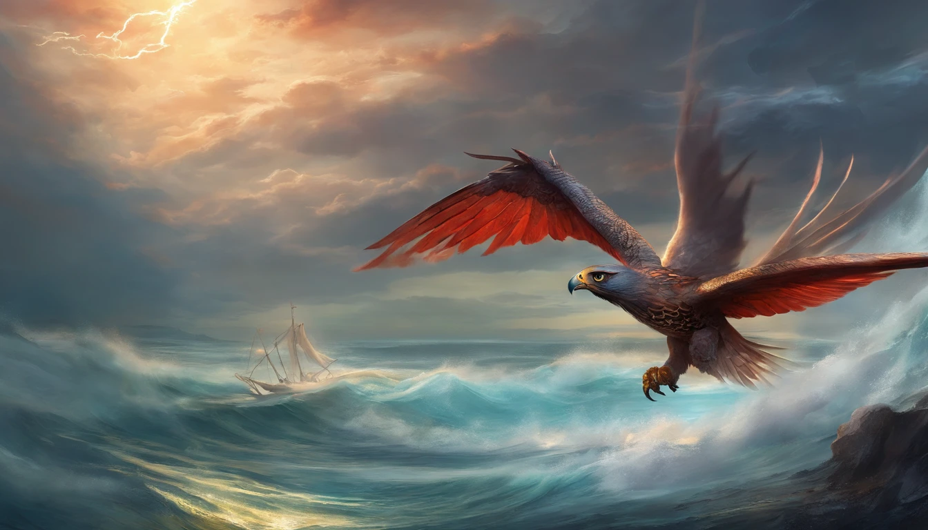 Falcon flying over the stormy sea, while fighting a battle with a red dragon