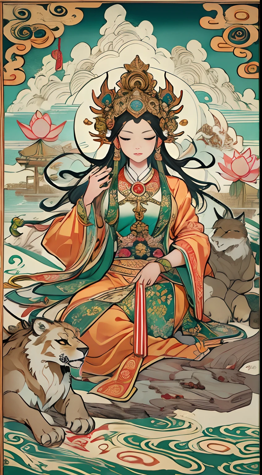 an ancient Chinese goddess, guanyin of the southern seas, Guanyin, Inspired by India, Avalokiteshvara rides a lion,Serene expression,shui mo hua,Buddha,Buddhist,Lotus,Chinese painting style,Thangka style