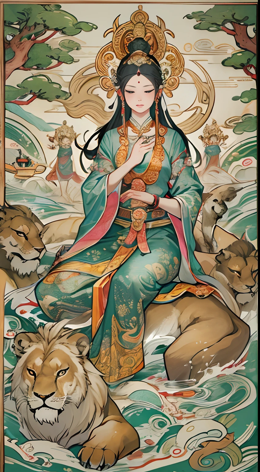 an ancient Chinese goddess, guanyin of the southern seas, Guanyin, Inspired by India, Avalokiteshvara rides a lion,Serene expression,shui mo hua,Buddha,Buddhist,Lotus,Chinese painting style,Thangka style