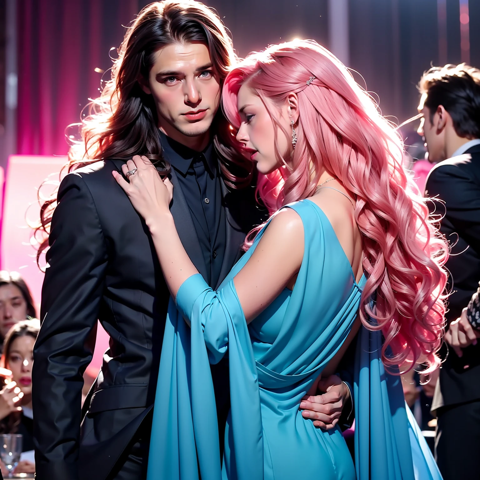 (1 Man, tall, Black Suit, does not show his face, dancing with the woman)( 1 woman with long curly hair, pink hair, blue eyes, Dancing with the man)