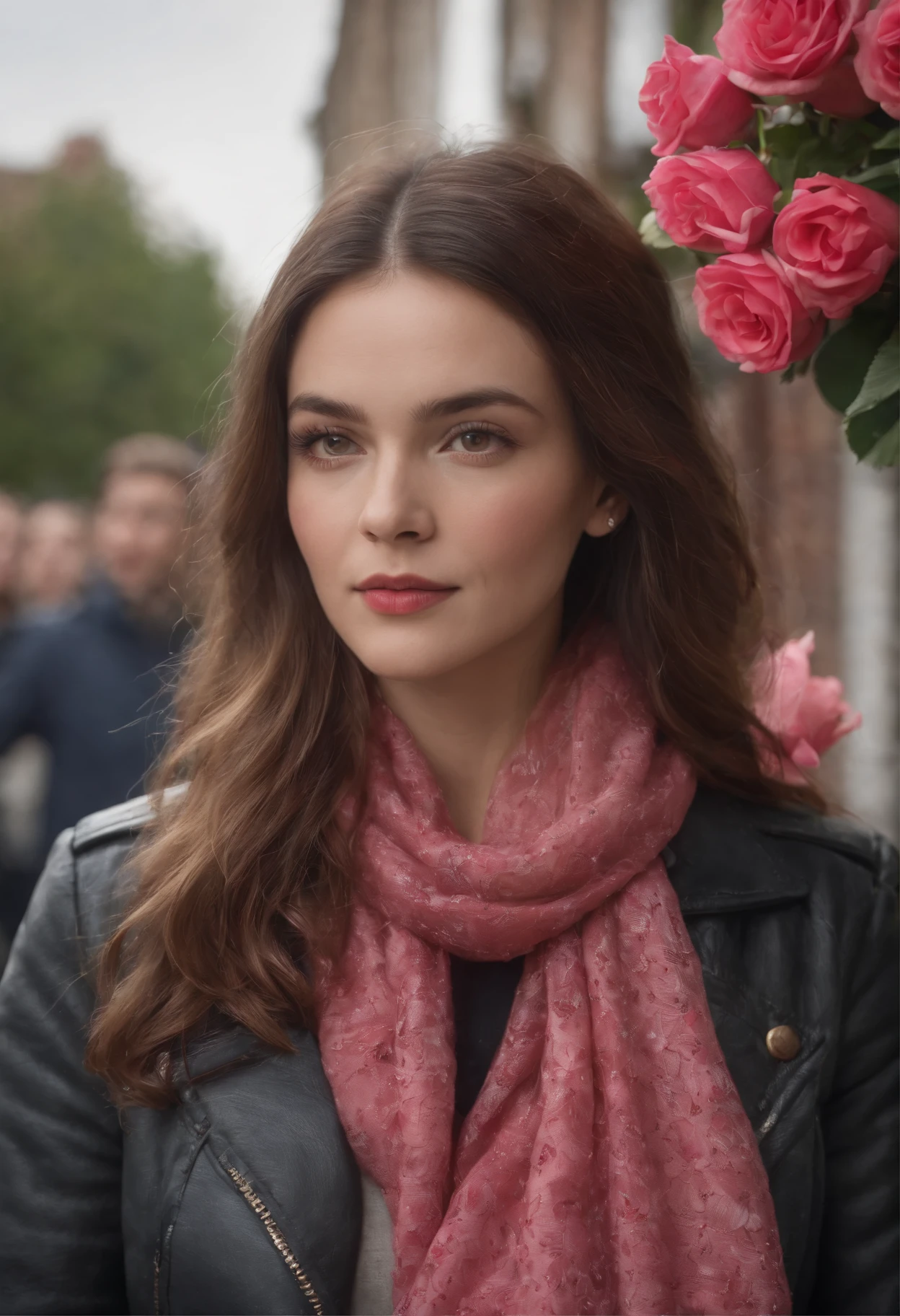Uma mulher loira, buque de rosas na mao, na cidade de londres chovendo durante o dia