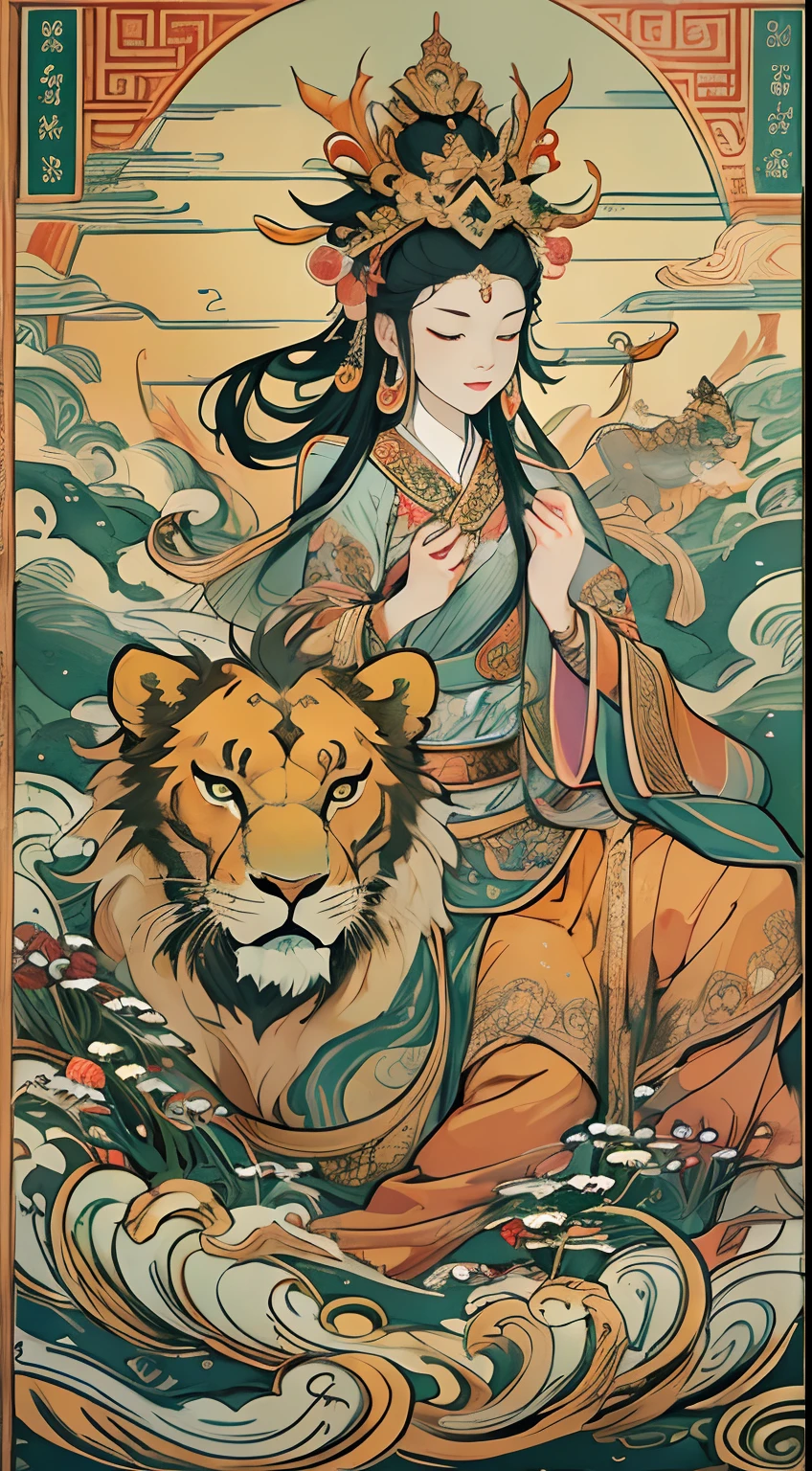an ancient Chinese goddess, guanyin of the southern seas, Guanyin, Inspired by India, Avalokiteshvara rides a lion，Serene expression,shui mo hua,Buddha,Buddhist,Lotus,Chinese painting style,Thangka style