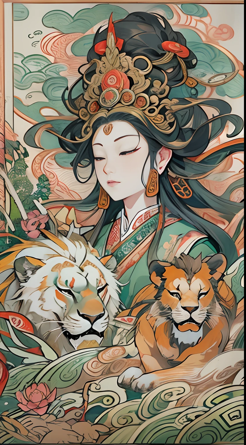 an ancient Chinese goddess, guanyin of the southern seas, Guanyin, Inspired by India, Avalokiteshvara rides a lion，Serene expression,shui mo hua,Buddha,Buddhist,Lotus,Chinese painting style,Thangka style