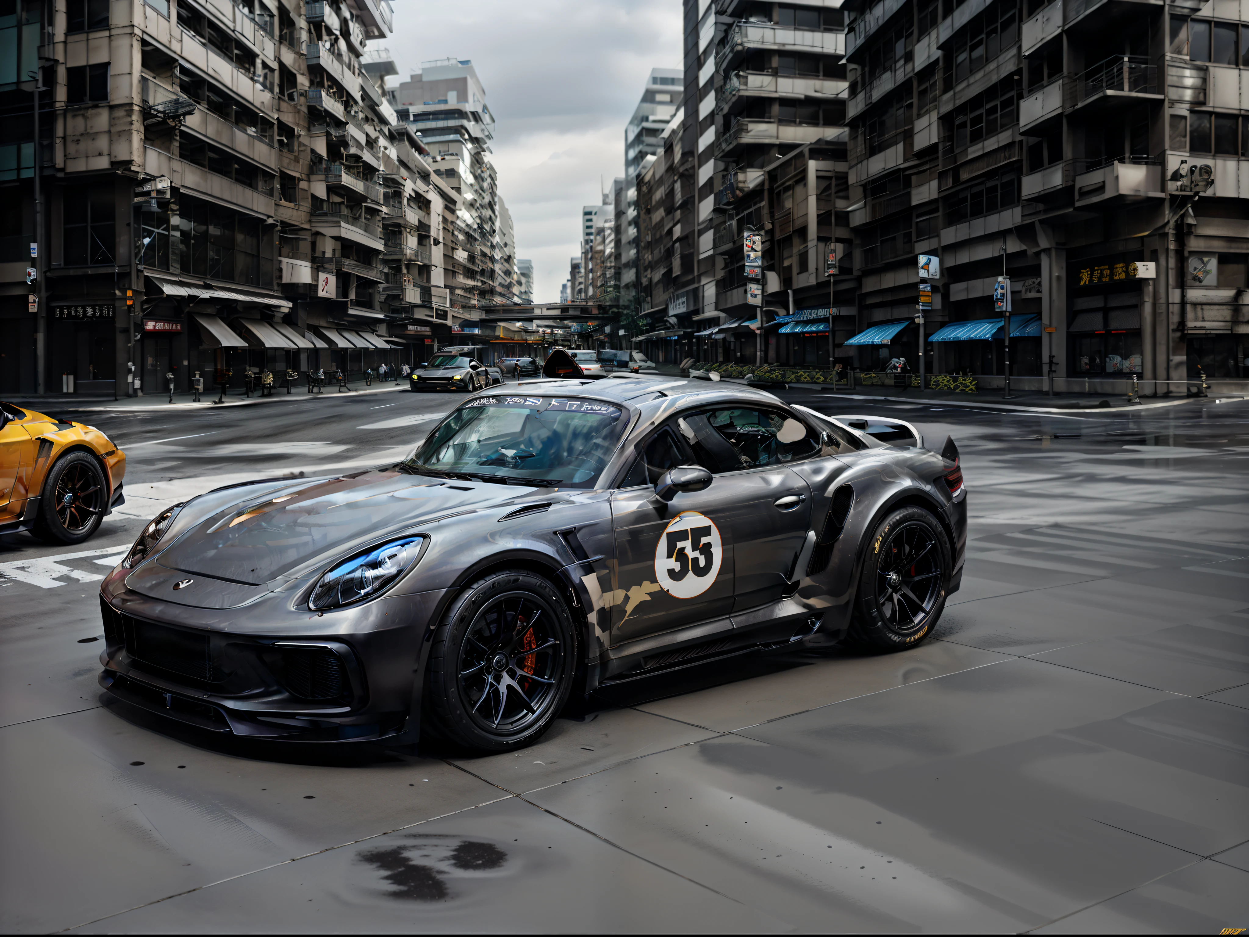 （Ultra-photorealistic quality）、Ultra-fine painted surface、masuter piece，8k wallpaper，nffsw，Ultra-high image quality，光影效果 、((Dark Grey Cayman GT4 RS　1Car)), ・Gran Trismo logo decal on wind window、The hood is wet carbon、The ride height is quite low、Forged bronze color wheel、Slightly larger rear wheel、lean forward a little、Front lights have a light smoke finish、Scramble crossing in Shibuya、city light at night、All four wheels have a slightly negative camber angle、Wearing race tires、Professional Outdoor Lighting、Model 981。