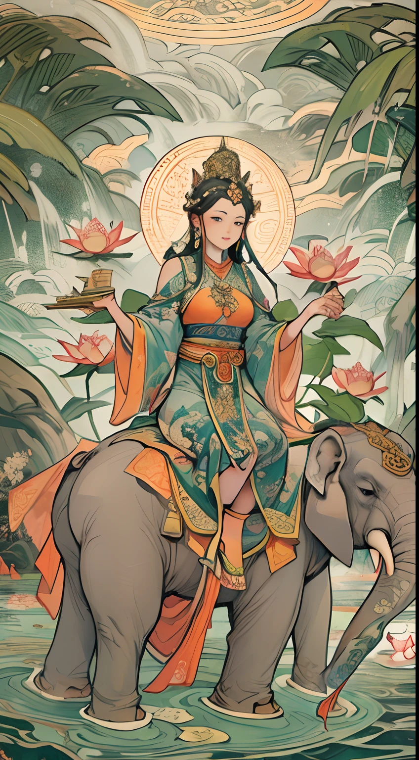 an ancient Chinese goddess, guanyin of the southern seas, Guanyin, Inspired by India, Avalokiteshvara rides an elephant，,Serene expression,shui mo hua,Buddha,Buddhist,Lotus,Chinese painting style,Thangka style