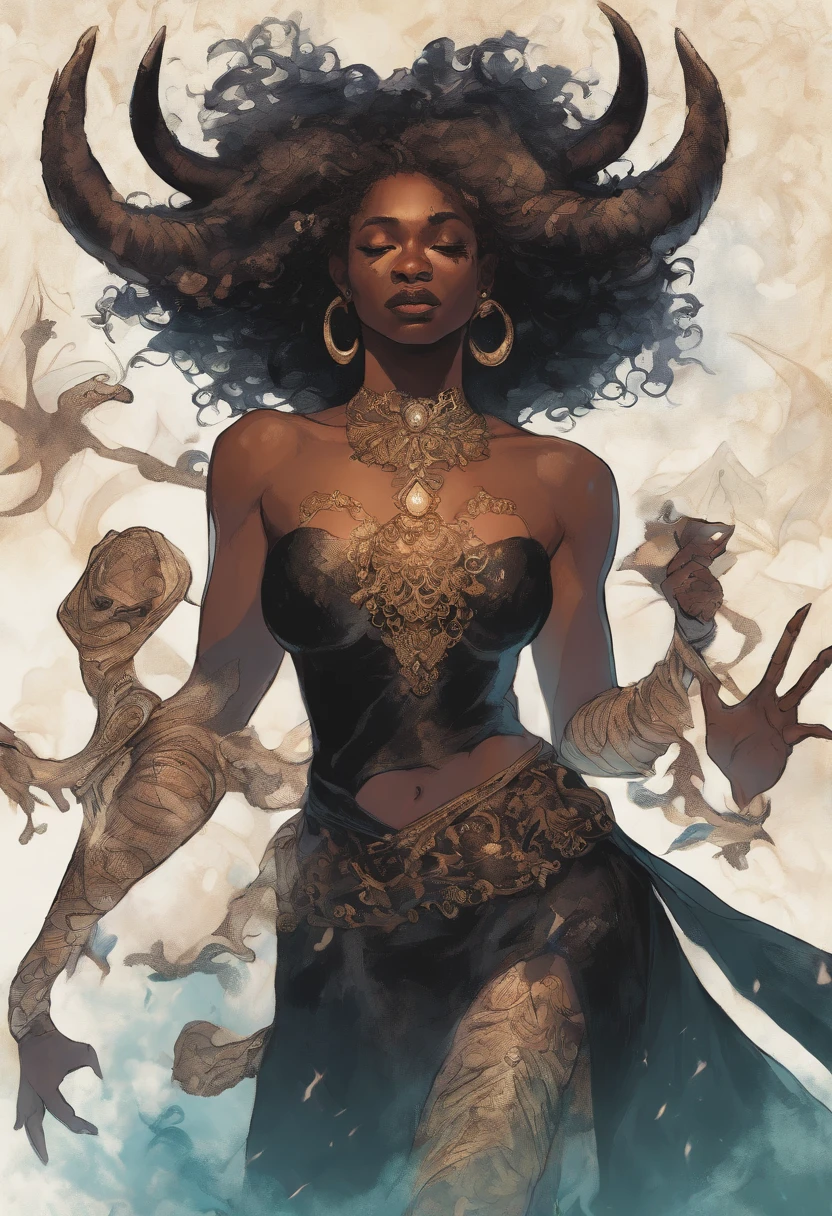 black mass swarming on the body of a clad in black woman who has glowing light for eyes and a single hag horn