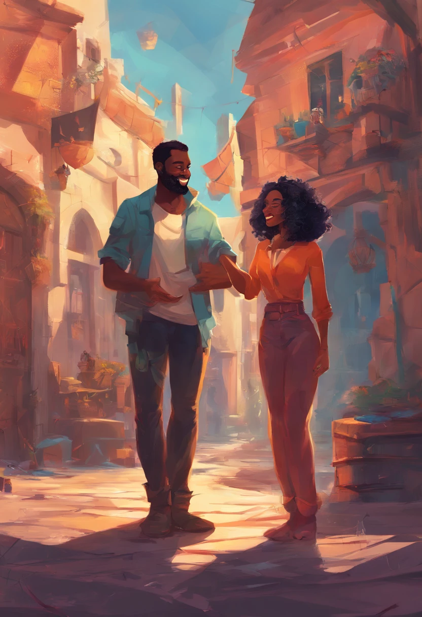 couple, palying games, happy, black man with short hair and beard, woman with long curly hair