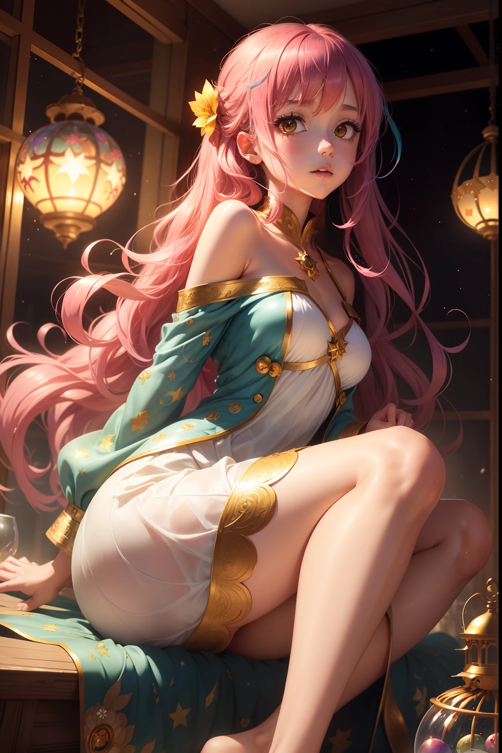 layla (masutepiece), (Best Quality), (ultra-detailliert),(disheveled hair),(Illustration), (1girl in), beautiful finely detailed eyes,Delicate beautiful face,floating,(High color saturation),(Colorful splashes),colorful bubble,(Shining),Focus on Face, Sitting in a glass ball, G;Bat cage, Golden Star and Lantern