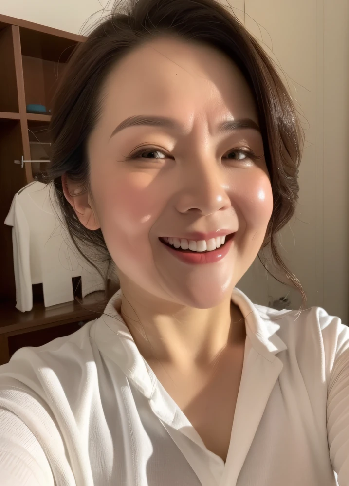 masterpiece,best quality, (milf:1), accurate anatomy, ((close up:1)), ((selfie both hands)), Looking at the Viewer, ((open mouth:0.75)), ((your chin up:1.3)), cross arms, sweaty body:1, wet white shirt, ((seductive expression)), friendly, in room