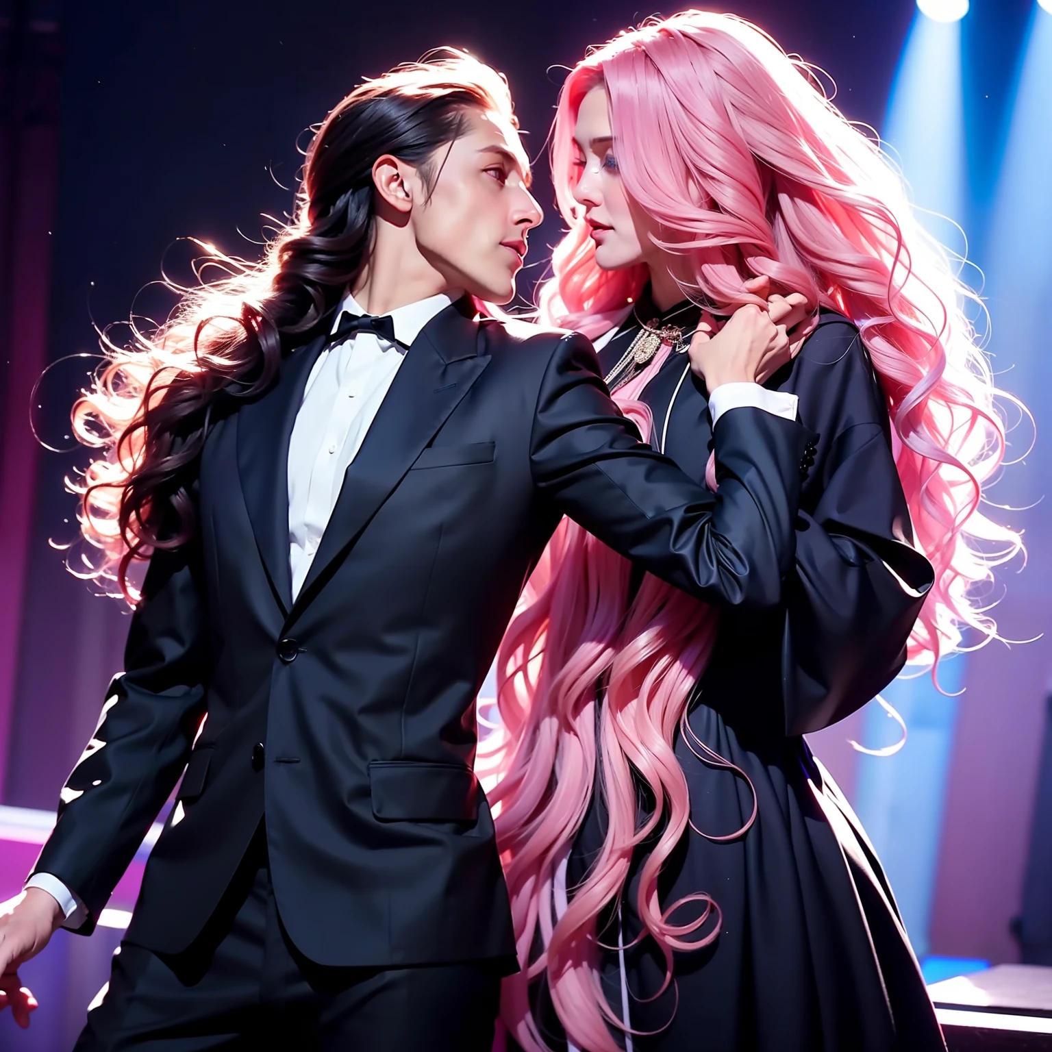 (1 Man, tall, Black Suit, does not show his face, dancing with the woman)( 1 woman with long curly hair, pink hair, blue eyes, Dancing with the man)