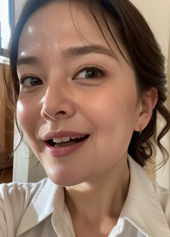 masterpiece,best quality, (mature:1), accurate anatomy, ((close up:1)), ((selfie)), your beautiful pupils Looking down, ((open mouth:1)), ((your chin up:1.3)), sweaty body:1, wet white shirt, ((seductive expression)), friendly, in room