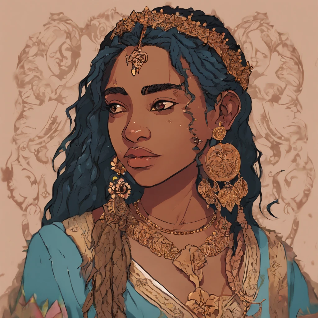 Um jovem de 18 anos, com cabelos pretos longos, with a sad expression, usando uma blusa de gola alta, Various piercings and earrings on your ear