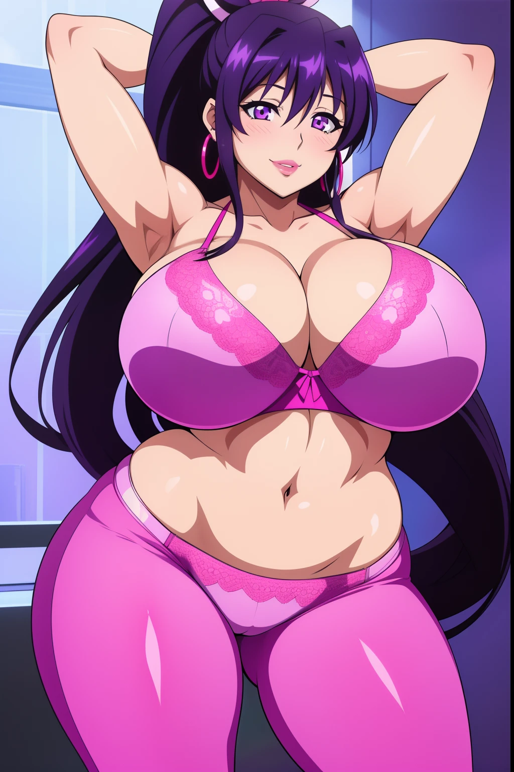 Akeno Himejima, 1girl, (((bimbo))), purple hair, purple eyes, ear rings, (((bimbo))), puffy lips, painted lips, thick lips, smile face, wide hips, thick thighs, huge round ass, huge natural Hitomi Tanaka breasts, pink yoga pants, bra, posing