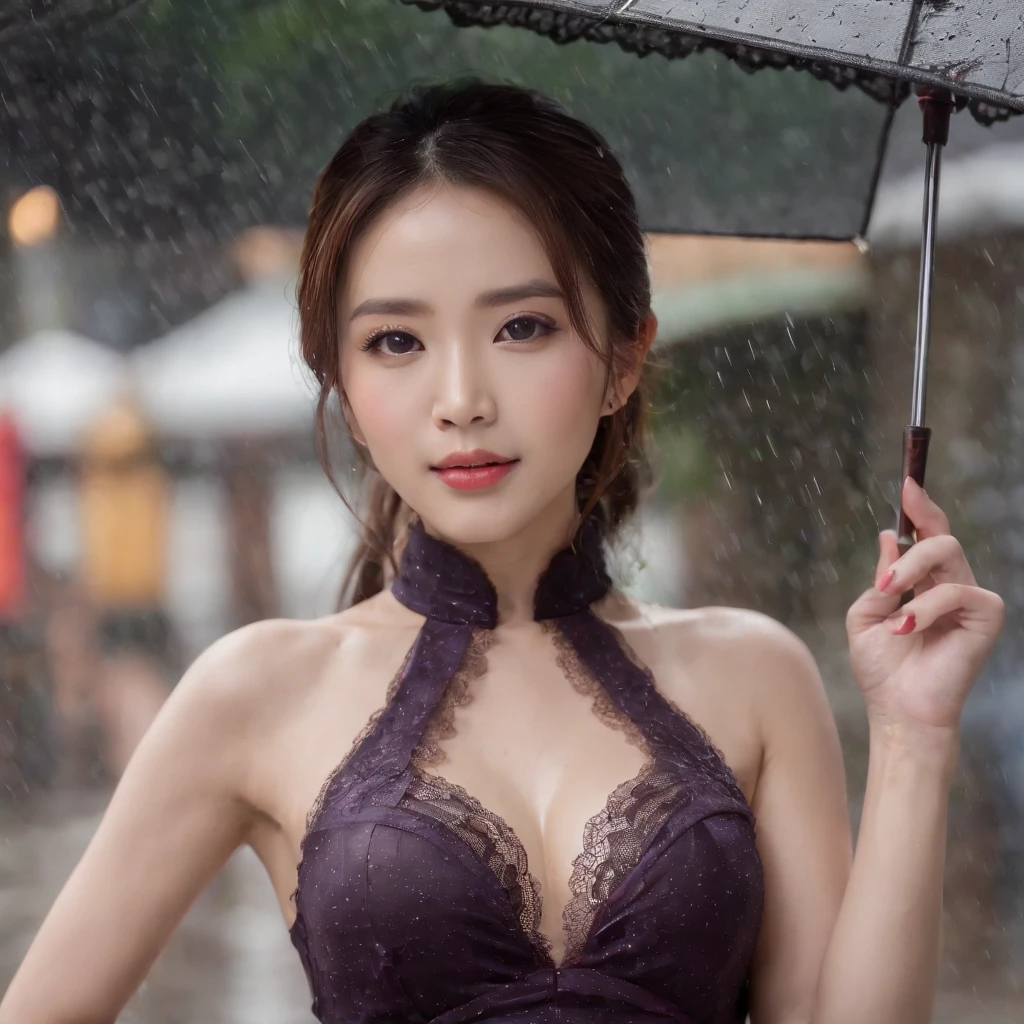 face go jolin tsai, wearing a sexy cheongsam, black lace cheongsam, wearing a lace purple bra, sexy outfit, wearing in shirt, wet shirt, revealing outfit, open shirt, cleavage, breasts covered, sexy girl, wearing a cute top, very sexy outfit, with 34B breasts, in city street, wearing tight simple clothes, pretty girl standing in the rain, sexy look,