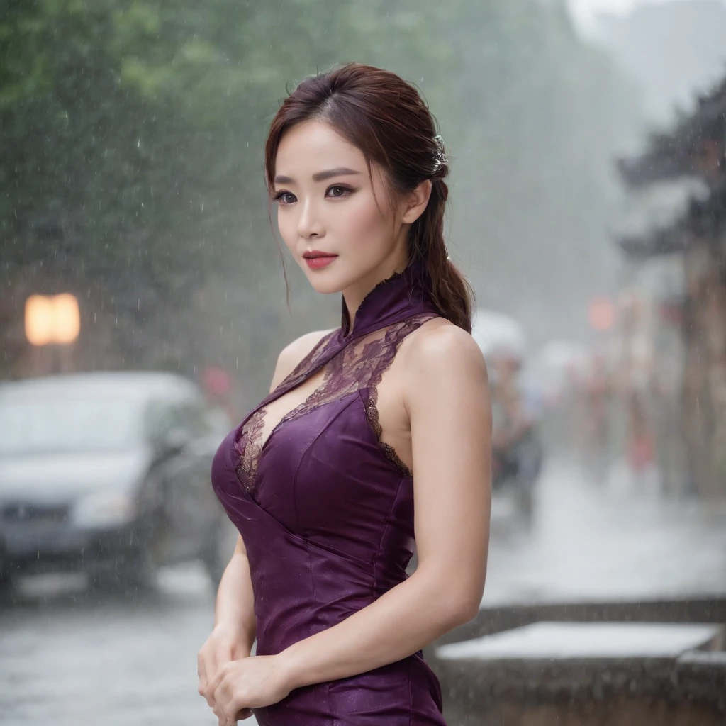 face go jolin tsai, wearing a sexy cheongsam, black lace cheongsam, wearing a lace purple bra, sexy outfit, wearing in shirt, wet shirt, revealing outfit, open shirt, cleavage, breasts covered, sexy girl, wearing a cute top, very sexy outfit, with 34B breasts, in city street, wearing tight simple clothes, pretty girl standing in the rain, sexy look,