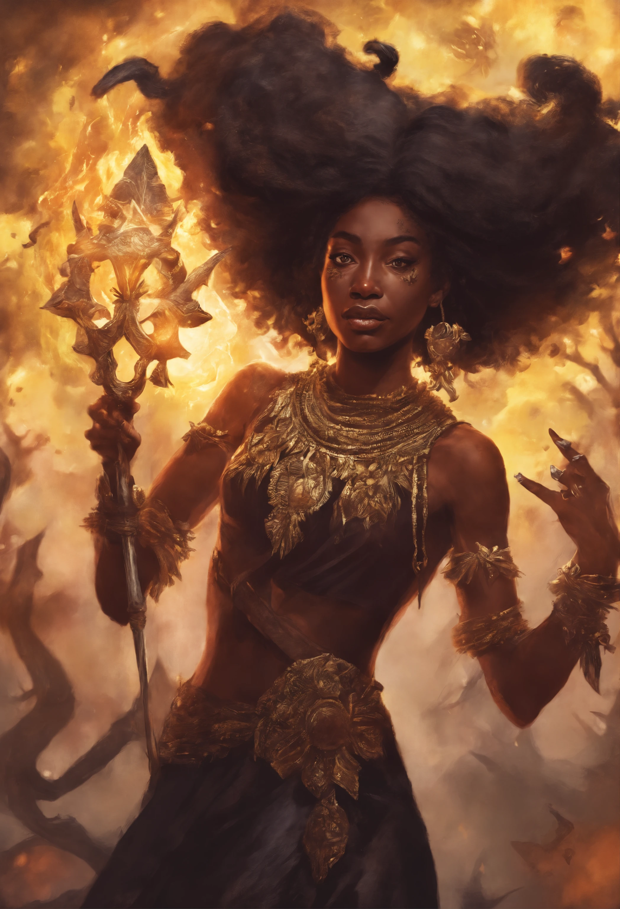 black mass swarming on the body of a clad in black woman who has glowing light for eyes and a single hag horn