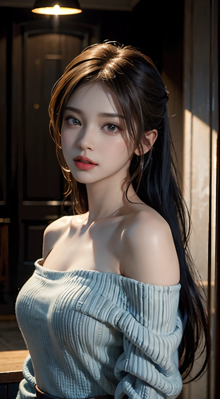 Best quality, masterpiece, ultra high res, (photorealistic:1.4), raw photo, 1girl, off shoulder, cinematic lighting