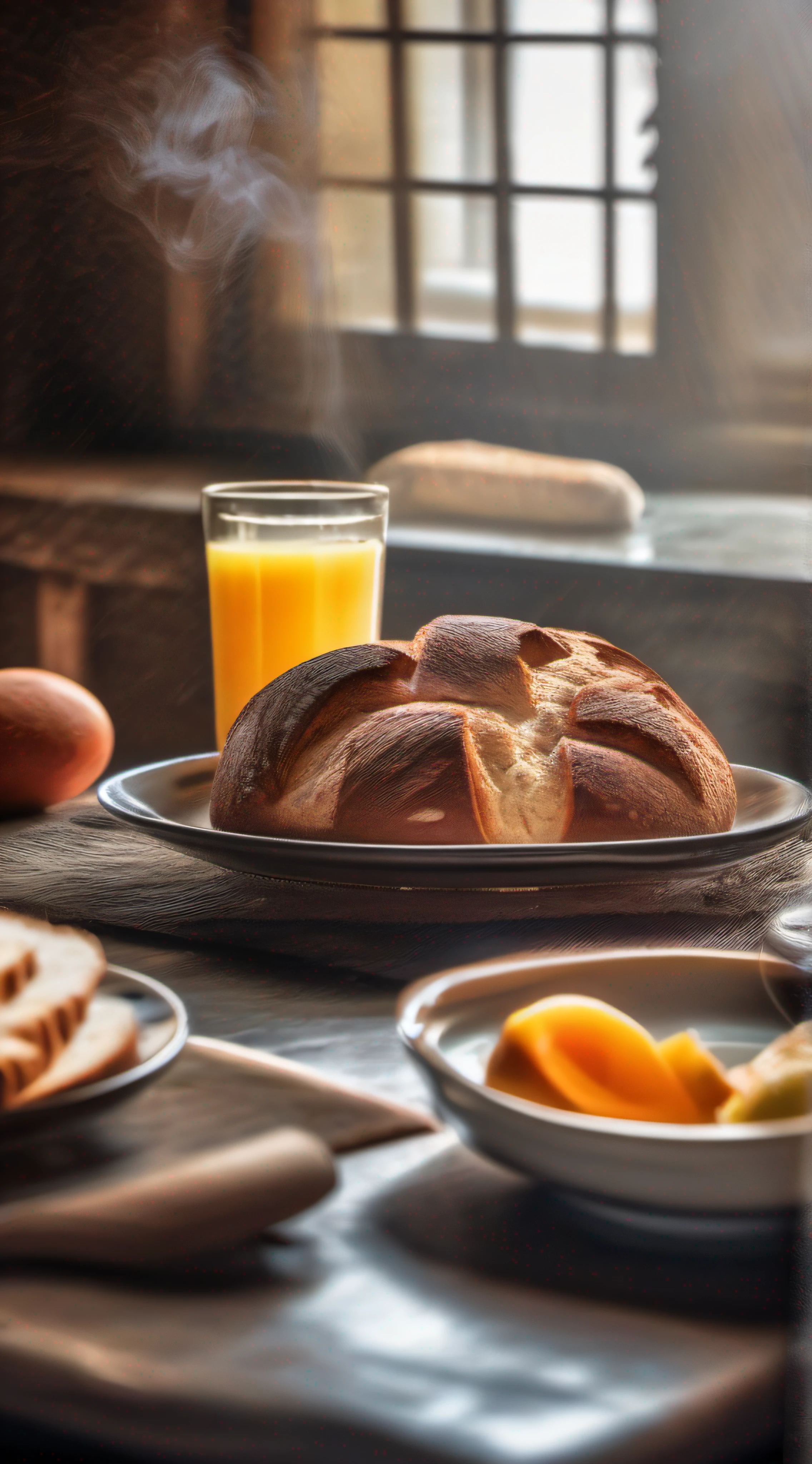 juicy broken bread, Coming out smoke on beautiful ultra detailed breakfast table, Photo Realísitco, foto promocional, hdr, adobe lightroom
