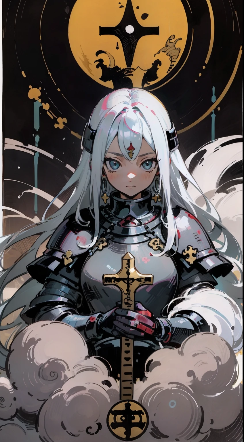 <lora:junavas_jun-07-03--avas-09-01:1>, 

1girl, ((android)), (detailed black clothes:0.9), (mechanical limbs:1.2225), white hair, red eyes, mechanical parts,holding spear, cybernetic imlants, (beautiful detailed eyes:1.05), (best quality:1.1025), (masterpiece:1.1025), (ultra-detailed:1.1025), detailed, sharp, (illustration:1.05), (detailed light:1.05), (an extremely delicate and beautiful:1.05), ((world masterpiece)),((illustration)), (monastery background), church ruins, [snow], Stained glass, cyberpunk
