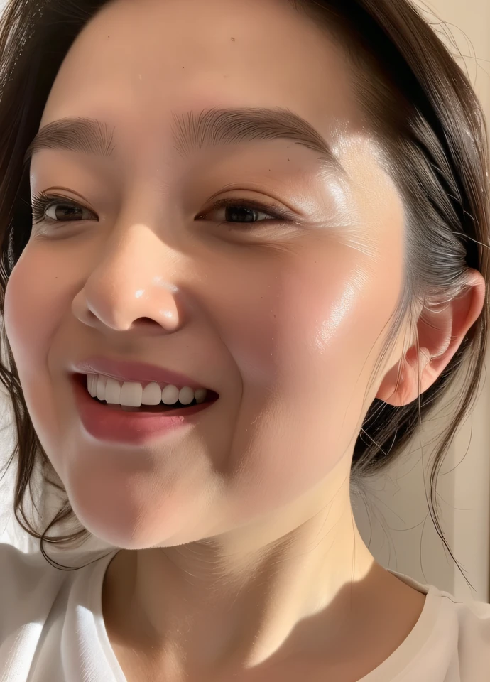 masterpiece,best quality, (mature:1), accurate anatomy, ((close up:1)), ((selfie)), Looking at the Viewer, ((open mouth:1)), ((your chin up:1.3)), sweaty body:1, wet white shirt, ((seductive expression)), friendly, in room