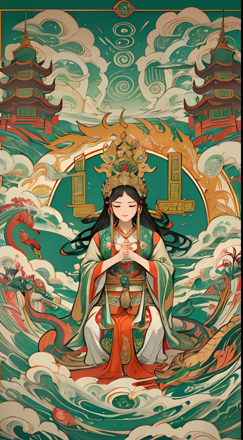 an ancient Chinese goddess, guanyin of the southern seas, Guanyin, Inspired by India, Avalokiteshvara rides a dragon,,Serene expression,shui mo hua,Buddha,Buddhist,Lotus,Chinese painting style,Thangka style